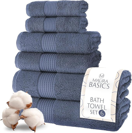 MAURA Basics Bath Towel Sets for Bathroom with Hanging Hook Loops. 2 Bath Towels, 2 Hand Towels, 2 Washcloths, Soft, Durable, Long Lasting and Absorbent Towels Set, Denim Blue