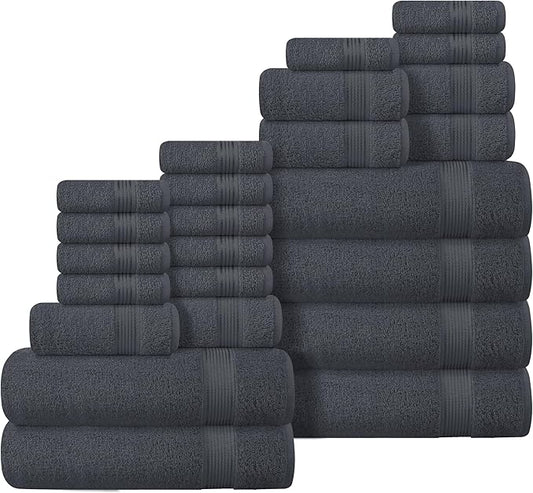 Belizzi Home 100% Cotton Towel Set, Contains 6 Soft Bath Towel, 6 Hand Towel, 12 Wash Cloth - Compact Absorbent Lightweight & Quickdry Towels for Bathroom - 24 Piece Bathroom Towel Set - Charcoal Grey