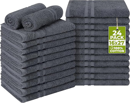 Utopia Towels Cotton Bleach Proof Salon Towel 16 by 27 inches, Bleach Safe Gym 100% Cotton Hand Towel, 24 Pack, Dark Grey