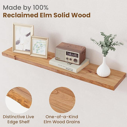 Floating Shelves for Wall Decor, Rustic Solid Elm Wood Live Edge Floating Shelves Wall Mounted, Wall Shelves with Invisible Bracket for Living Room Bathroom Bedroom Kitchen, 36 Inch Set of 2, Natural