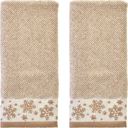 SKL Home Christmas/Winter Heather Snowflake 100% Cotton Premium 2-Piece Hand Towel Set, 500 GSM, Soft & Absorbent Jacquard, Decorative for Bath/Kitchen/Bar, Tan