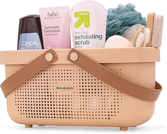 Brookstone BKH1634, Large Portable Shower Caddy with Soft Silicone Carrying Handle, Bathroom Organizer Basket, Plastic Bath Tote, Dries Quickly with Drainage Holes [BPA Free], Blush Color