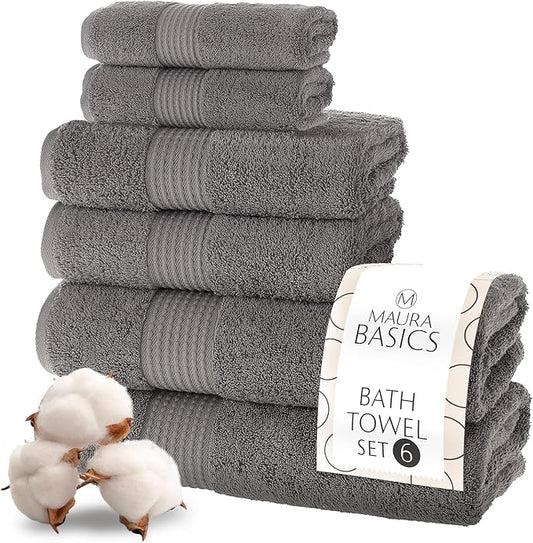 MAURA Basics Bath Towel Sets for Bathroom with Hanging Hook Loops. 2 Bath Towels, 2 Hand Towels, 2 Washcloths, Soft, Durable, Long Lasting and Absorbent Towels Set, Space Gray