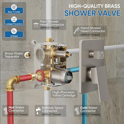 Shower System with Tub Spout, All Metal Tub Shower Faucet Set with 10" Rain Shower Head and Handheld Spray combo, Wall Mounted Tub Shower Systems with Valve and Trim Kit, Brushed Nickel