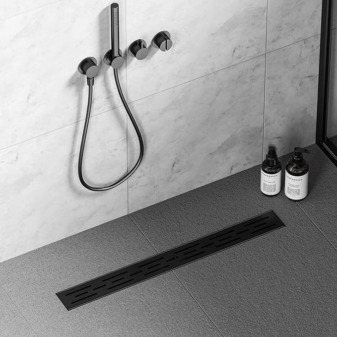 Neodrain 28 in Matte Black Linear Shower Drain, Rectangular Shower Linear Drain with Brick Pattern Grate, 304 Stainless Steel Bathroom Floor Drains