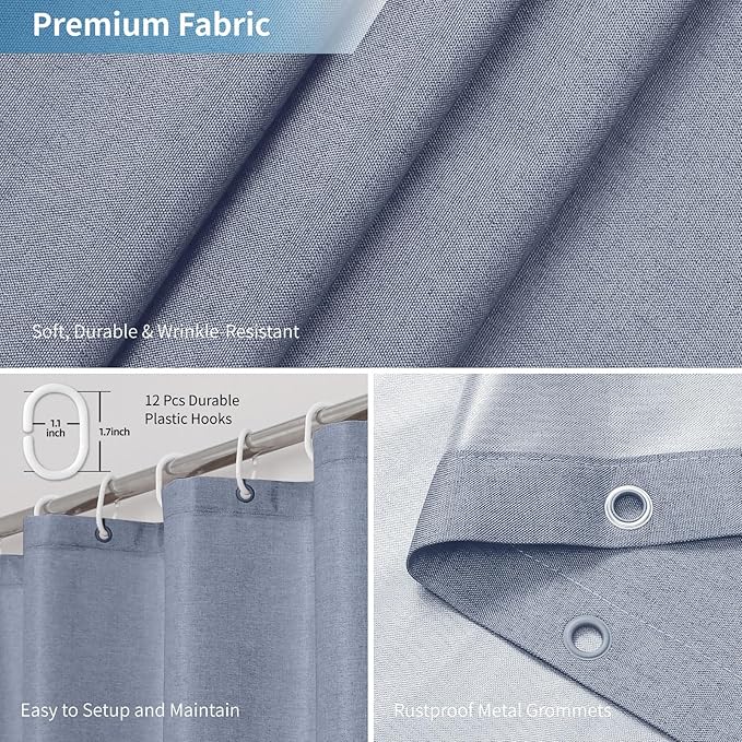 2-in-1 Waterproof Extra Long Fabric Shower Curtain or Liner,Linen Textured,96 Inch Breathable TPU & Washable Bathroom Shower Curtain Set with 12 Plastic Hooks,Modern,72"x96" Blue Gray