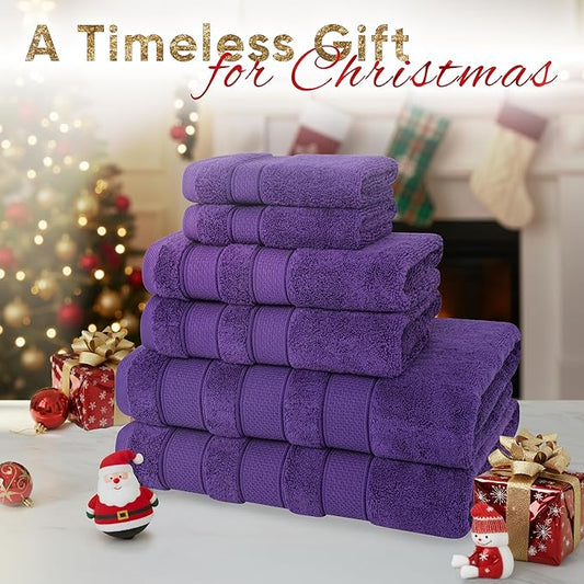 American Soft Linen Salem Turkish Bath Towel Set, 100% Cotton 600 GSM 6 Piece Towels for Bathroom, 2 Bath Towels 2 Hand Towels 2 Washcloths, Purple