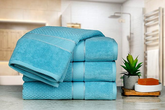 Ample Decor Sky Blue Bath Towels for Bathroom Set of 4 100% Cotton Popcorn Textured -Quick Dry, Highly Absorbent, Oeko-TEX Certified, Machine Washable - Mulaayam Collection - 30 X 54 Inch
