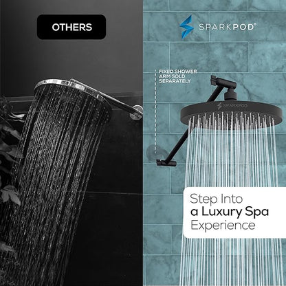 SparkPod Round Rain Shower Head with Extension Arm - Height Adjustable Shower Head with High Pressure Performance - Easy 1-Minute Installation (16" Arm Extension, Midnight Black Matte)