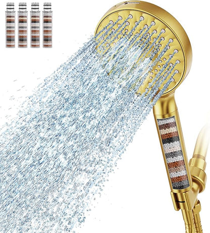 SR SUN RISE Filtered Shower Head with Handheld High Pressure 9 Spray Mode Showerhead Detachable Shower Head Water Softener Filters Beads for Hard Water Remove Chlorine 4 Filters Brushed Gold