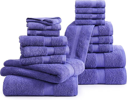 LANE LINEN Cotton Bath Towel Set - 18 PCs - 4 Shower Towels, 8 Washcloths, 6 Turkish Hand Towels for Bathroom - Sustainably Produced, Ultra Soft & Absorbent - Blue Irish