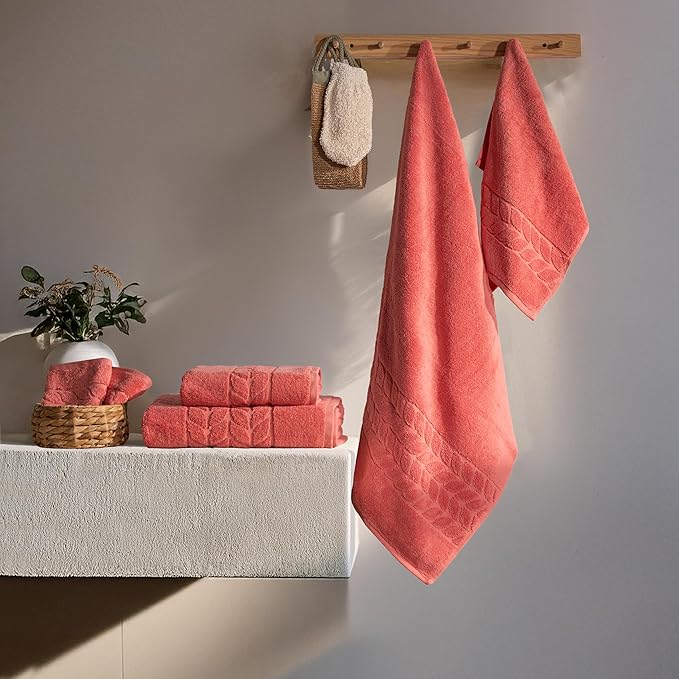BAGNO MILANO Organic Turkish Cotton Bath Towels, Luxury Jacquard Collection, Certified Organic Highly Absorbent, Soft-Plush Towel Set (Coral Red, 2 Pcs Bath Towel Set)