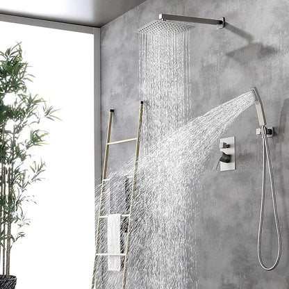 SHAMANDA Bathroom Rain Shower System, 12 Inch Luxuly Shower Head and Handheld Shower Faucet Combo Set Brushed Nickel(Including Rough-In Valve Body and Trim), Wall Mount, L7001-2