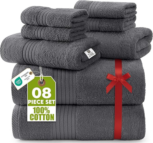 Utopia Towels 8 Piece Premium Towel Set, 2 Bath, 2 Hand, and 4 Washcloths, 100% Ring Spun Cotton, Highly Absorbent Towels for Bathroom, Sports, and Hotel, Grey
