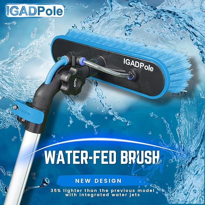 IGADPole 28 FT Water-Fed Washing Kit with Soap-Dispenser, Brush, 10″ Squeegee & Cobweb Duster for Windows, Gutters, Solar Panels & Exterior Walls