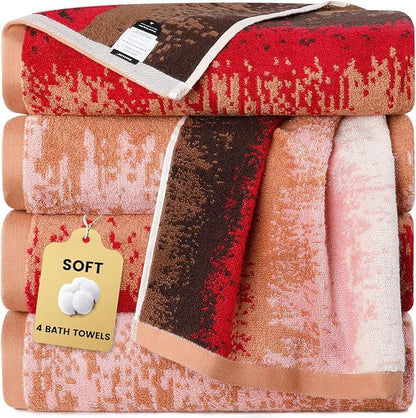 SEMAXE 4-Pack Luxury Bath Towels for Bathroom, 100% Cotton, Soft, Absorbent, and Quick-Drying, 55"x27", Plum Garden, Perfect for Hotels, Gyms, and Spas