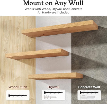 Floating Shelves for Wall, 9.3" Deep Wall Mounted Wood Shelves for Bathroom, Bedroom, Living Room, Kitchen, Hanging Shelf for Books/Storage/Room Decor (Oak, 48")