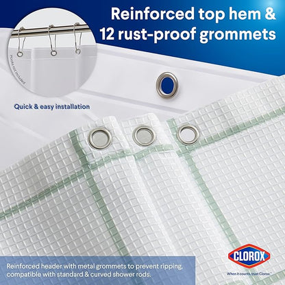CLOROX Bathroom Waffle Windowpane Pattern Shower Curtain with Waterproof Lightweight PEVA Liner Set, Standard Size, Metal Grommets, No Hooks 72" x 72" - 2 Pc Set - Sage Green w Frosty PEVA