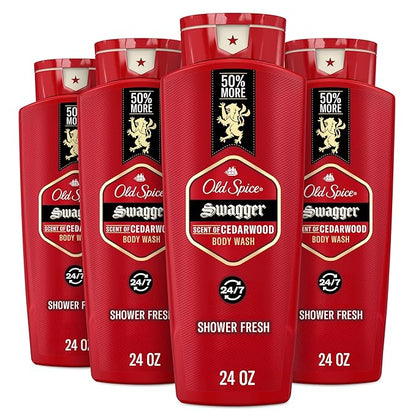 Old Spice Refreshing Body Wash for Men, 3X Defense, 24/7 Shower Fresh with Long Lasting Scent, Red Collection, Swagger with Cedarwood Scent, 24 oz (Pack of 4)
