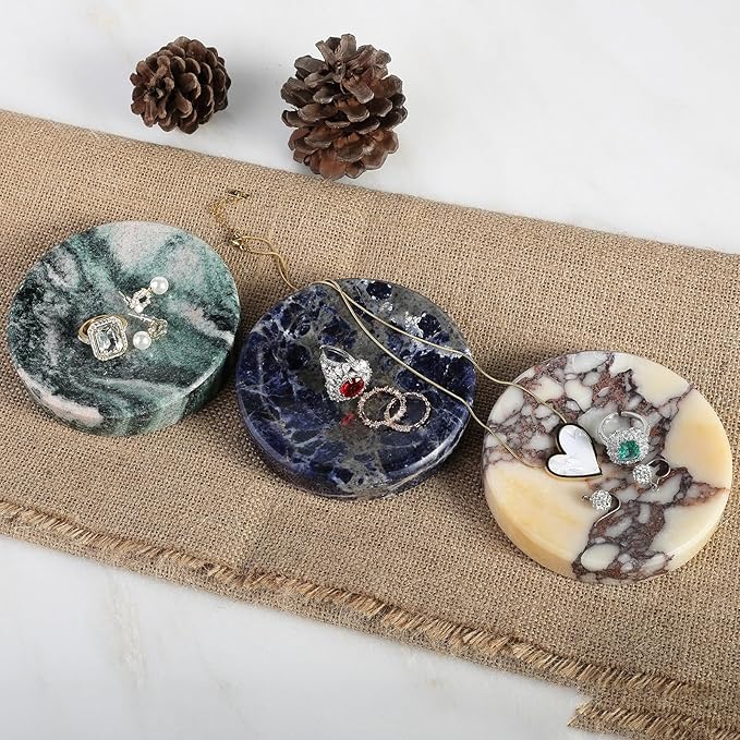 Koville Marble Jewelry Dish, Small Round Trinket Dish for Ring Necklace Earring, 4" Decorative Dish, Aesthetic Home Table Decor, Natural Stone Soap Dish for Bathroom Kitchen((Blue)
