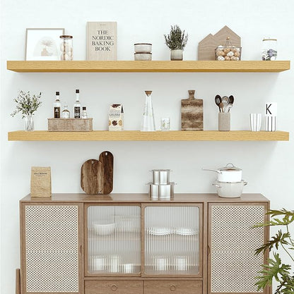 Vivelove 12" Deep Floating Shelves with Invisible Brackets, 72" Wall Shelves for Bathroom Bedroom Kitchen Living Room Laundry Room, Modern Rustic Shelves for Home Decor, 72"x12"x2", Set of 1, Oak