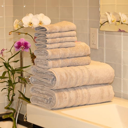 Mosobam Luxury Turkish 8pc XL Towel Set 35X70 16X30 13X13 Light Grey (Gray) 700 GSM Bamboo Viscose & Aegean Turkish Combed Cotton
