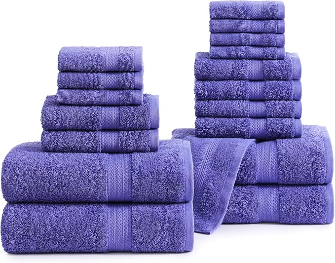 LANE LINEN Cotton Bath Towel Set - 18 PCs - 4 Shower Towels, 8 Washcloths, 6 Turkish Hand Towels for Bathroom - Sustainably Produced, Ultra Soft & Absorbent - Blue Irish