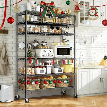 82" H X45 W X18 D Wire Shelving Unit, 6 Tier Adjustable Storage Shelves with Wheels 1200LBS Metal Shelving for Restaurant Garage Pantry Kitchen Closet Commercial,Black