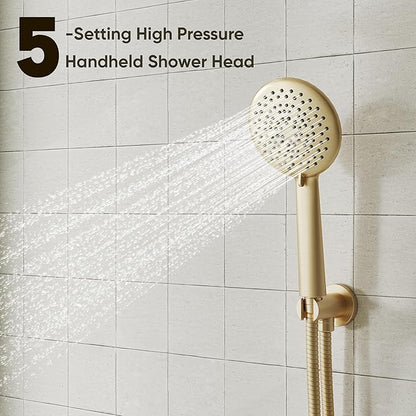 Gabrylly Shower System with Tub Spout, Bathtub Shower Faucet Set with 12" Rain Shower head and 5-Setting Handheld Shower, Wall Mounted Shower Fixtures with Pressure Balance Shower Valve, Brushed Gold