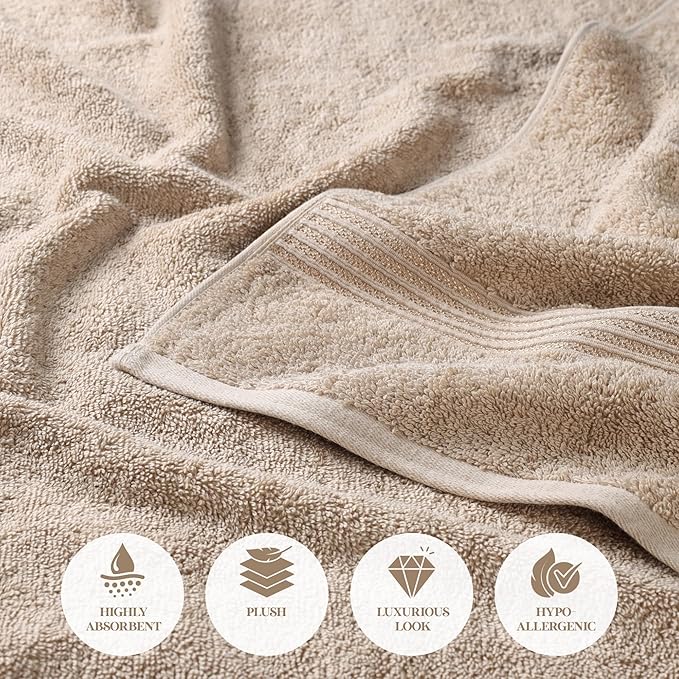 Superior Egyptian Cotton Bath Towel Set, Home Bathroom Towels, Master, Guest Bath, Decor Essentials, Quick Dry, Absorbent, Large Body Towels, Spa, Hotel, Resort, Adult, Kids, Set of 2, Taupe