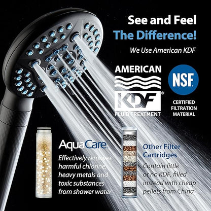 AquaCare High Pressure 6-way Dual Shower Head Combo with Built-in Filter & Power Wash - Clean Tub, Tile & Pets. Remove Chlorine, Lead & Toxins from Water to Protect Skin, Hair, & Nails. Matte Black