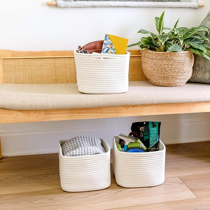 NaturalCozy Storage Cubes 9”x9”x7”Cotton Rope Woven Baskets for Organizing 3-Pack | 9 Inch Cube Storage Bin | Small Basket for Shelf Nursery, Pantry, Decorative Plant, Bathroom Closet, Toy Gift