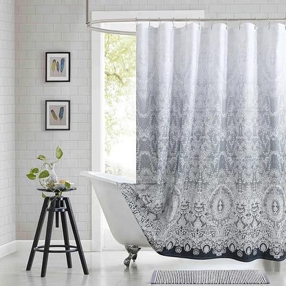 78 Inch Long Shower Curtain - Chantilly Lace Design, Heavyweight Polyester, Dark Gray to White Ombre, 72" W x 78" H