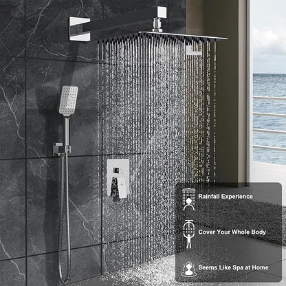 Rain Shower System 10IN Modern Brass Faucet Set With Valve and Diverter Shower Mixer With Handheld High Pressure Square Rainfall Shower Valve (10'' Wall Mount, Chrome Polished)