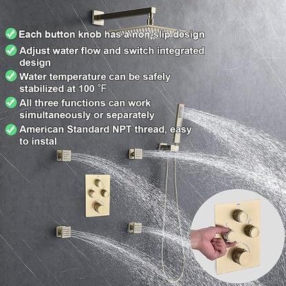 Modern Push Button 3 Way Thermostatic Shower Valve, Concealed 3 Outlet Multi Function Brass Mixer Shower Diverter Valve Kit Can Control Flow and On-Off Simultaneously, Brushed Gold