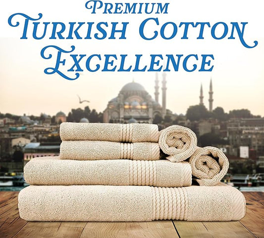 EastNBlue Lara Premium Bath Towel Set 6 Piece - Soft & Highly Absorbent Bathroom Towel Set, 100% Luxury Turkish Cotton, Flannel Bath Towels, 1 Bath Towel, 1 Hand Towel, 4 Washcloths - Beige