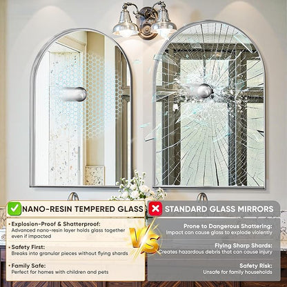 Arched Mirror 26"x38", Bathroom Mirror, Wall Mounted Vanity Mirror with Arch Metal Frame for Bathroom, Over Sink, Bedroom, Living Room, Deep Frame, Silver