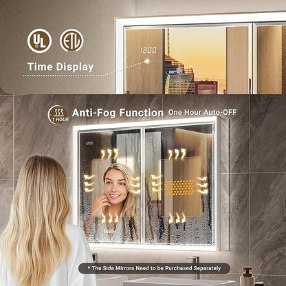 40x30 Beveled Lighted Medicine Cabinet with Mirror & Lights, Surface or Recessed Mirrored Medicine Cabinet with Outlet & Clock, Anti-Fog Dimmable LED Storage Cabinet, Built-in Sensor Light