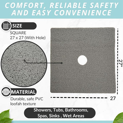 Enkosi Loofah Shower Mat with Drain Hole – Cushioned Anti-Slip Square Bath Mat for Showers, and Bathroom Floors – Textured PVC, Non Slip Safety Pad for Walk-in Stalls and Wet Areas (27x27 Grey)