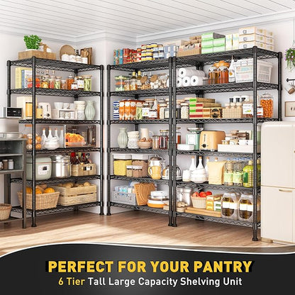 REIBII 6-Tier Storage Shelves Metal Shelving for Storage Load 1000 LBS,Wire Shelves Heavy Duty Shelving Unit Adjustable Pantry Shelf Bathroom Kitchen Garage 24" W x 14" D x 71" H, Black