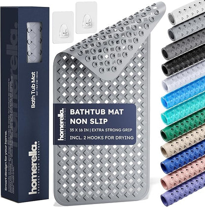 homerella® Bathtub Mat Non Slip 35x16, Incl. Hooks for Drying, Extra Long, 100% BPA Free, Shower Mat Non Slip Anti Mold, Machine Washable, Shower Mats for Inside Shower Mildew Resistant