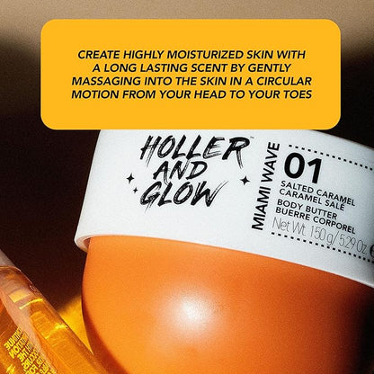 Holler And Glow Miami Wave Salted Caramel Body Butter, Body Butter For Women, Smells Good, Body Lotion For Extremely Dry Skin, Moisturizing, Nourishing, Shea Butter, Coconut, Vanilla Scented, 5.29 Oz