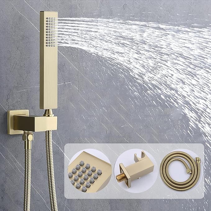 Shower System Brushed Gold Shower Faucet Set with 14X20 inch and 8 inch Rainfall Shower Head, Handheld Spray, 3 Way Digital Temperature Display Shower