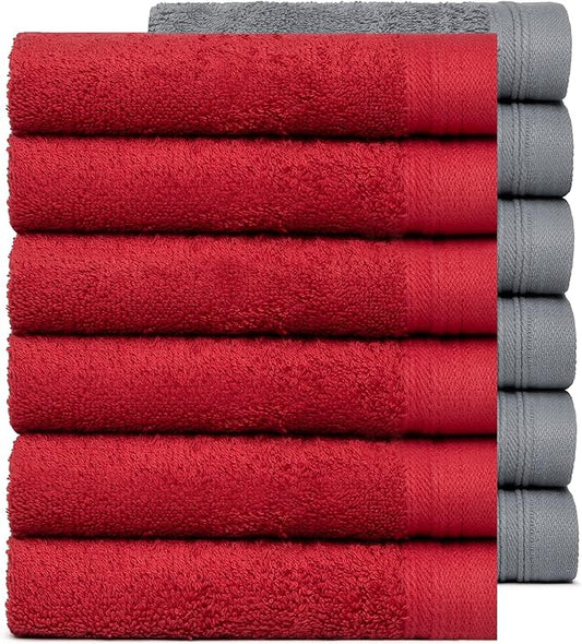 100% Cotton Washcloths Set 13” x 13” | Burgundy & Dark Grey Towels | Set of 12 Ultra Soft and Highly Absorbent Washcloths Sets for Bathroom, Gym, Hotel, Spa | Machine Washable Face Towel