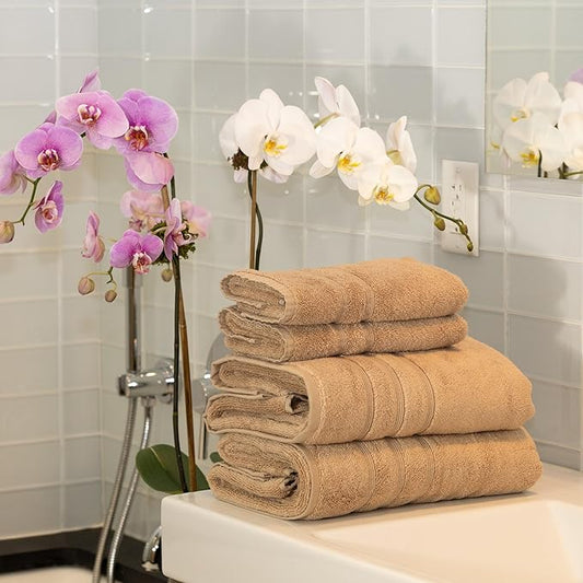 Mosobam Luxury Turkish 4pc Towel Set 30X58 16X30 Light Taupe 700 GSM Bamboo Viscose & Aegean Turkish Combed Cotton