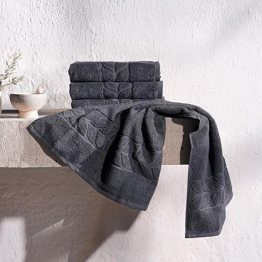 BAGNO MILANO Organic Turkish Cotton Bath Towels, Luxury Jacquard Collection, Certified Organic Highly Absorbent, Soft-Plush Towel Set (Charcoal, 4 Pcs Hand Towel Set)