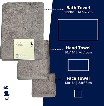 Lincoln & Palm 3 Piece Turkish Towels Set, Thick, Soft, Plush 700 GSM Spa & Hotel Quality, Silver Infused SILVERbac | Bath 58x30, Hand 30x16, Face Wash Cloth 13x13 (3 Piece Towel Set, Silver)
