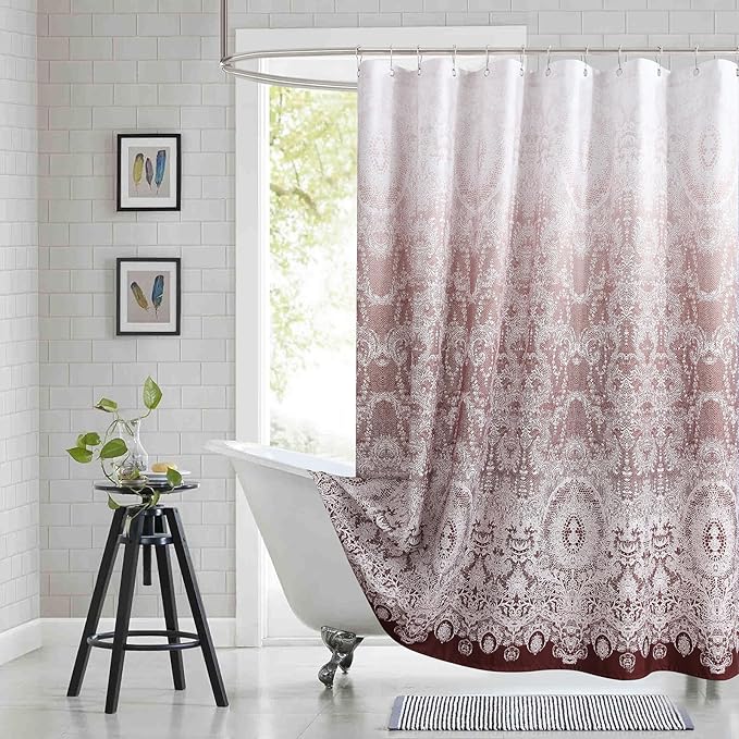 Chantilly Lace Shower Curtain - Heavyweight Polyester, Burgundy to White Ombre Design, 72" W x 72" H