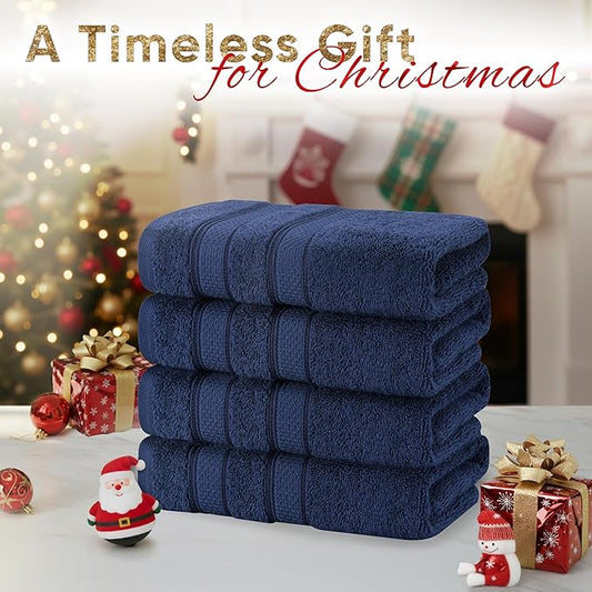 American Soft Linen Salem 100% Cotton Turkish 4 Piece Hand Towels for Bathroom, 600 GSM Soft Absorbent Quickdry Hand Face Towel Set, Navy Blue