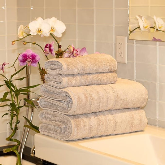 Mosobam Luxury Turkish 4pc XL Towel Set 35X70 16X30 Light Grey (Gray) Oversize 700 GSM Bamboo Viscose & Aegean Turkish Combed Cotton